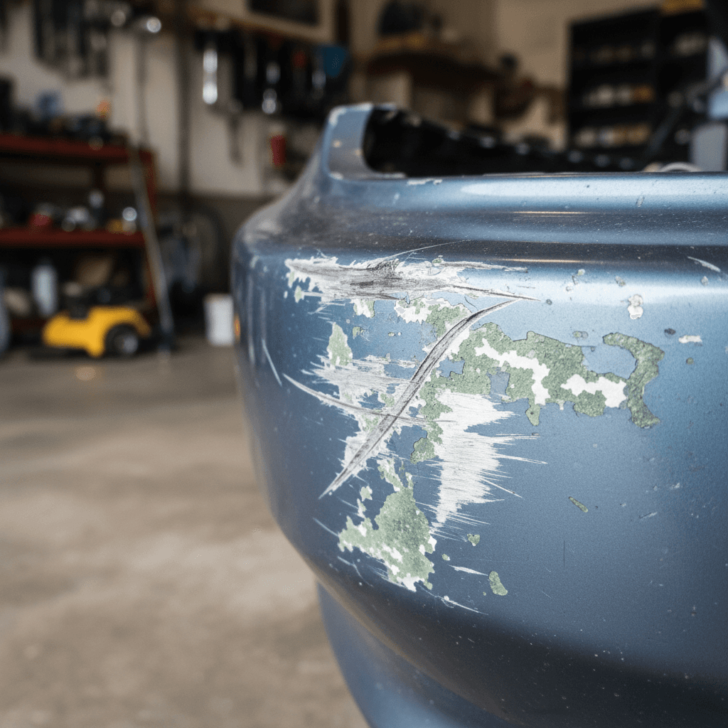 Damaged car paint with deep scratches before repair
