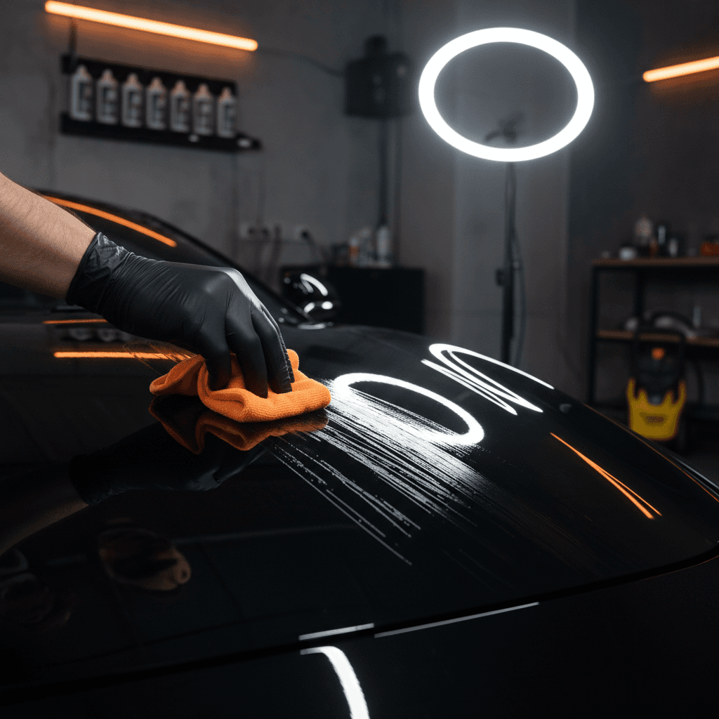 Technician applying ceramic coating to vehicle paint