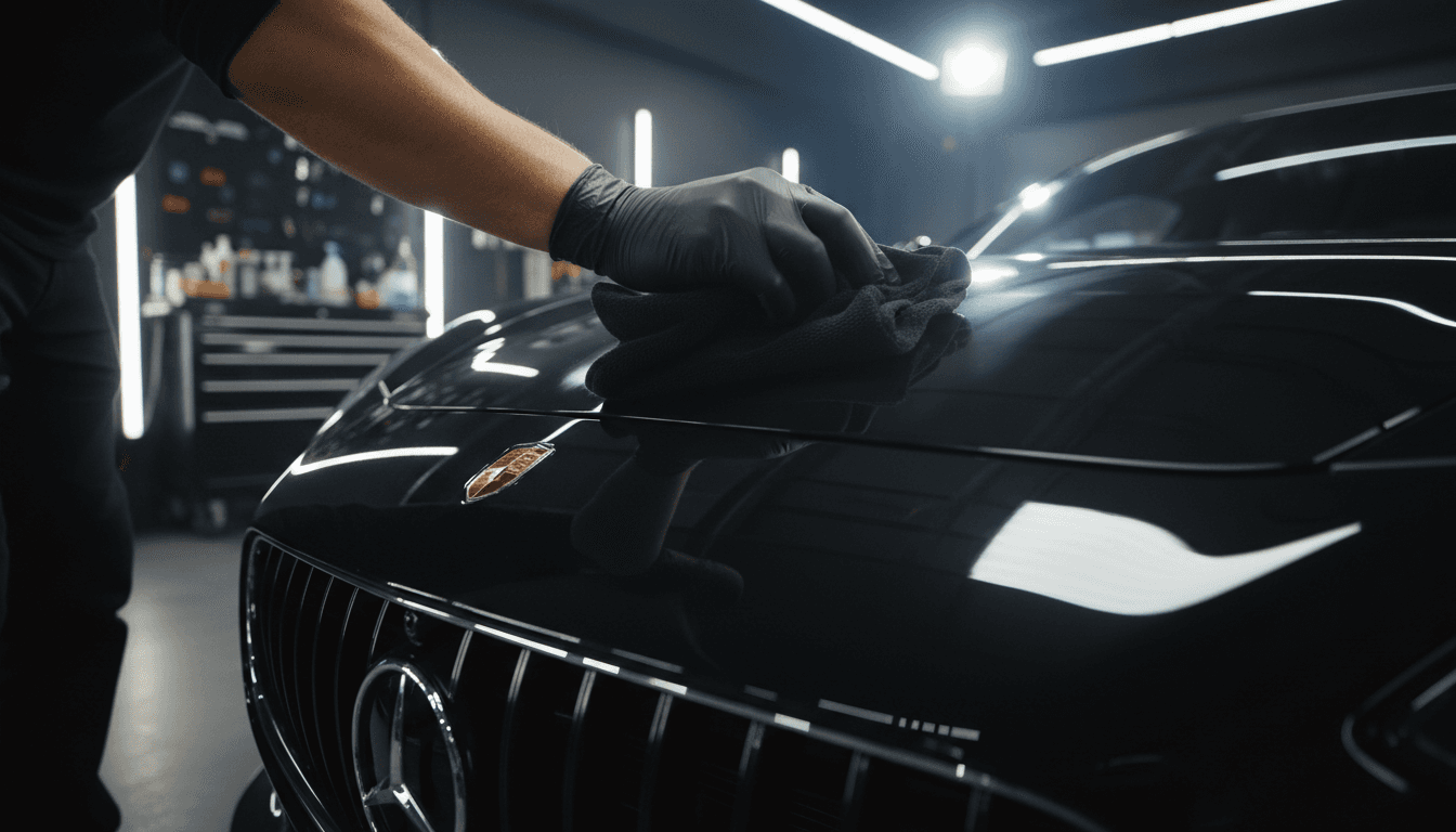 S.O.S Customs technician polishing a vehicle's hood with precision
