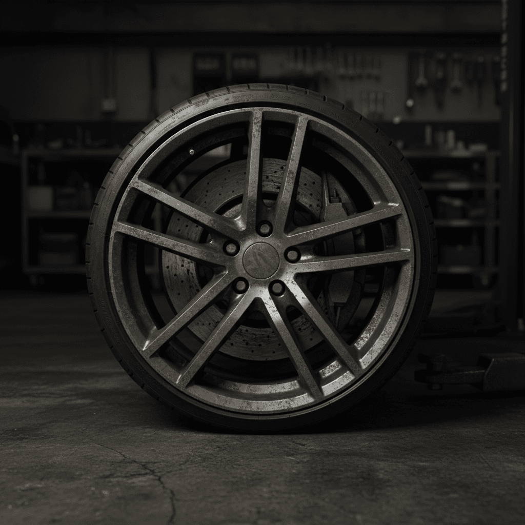 Corroded wheel with brake dust buildup before restoration