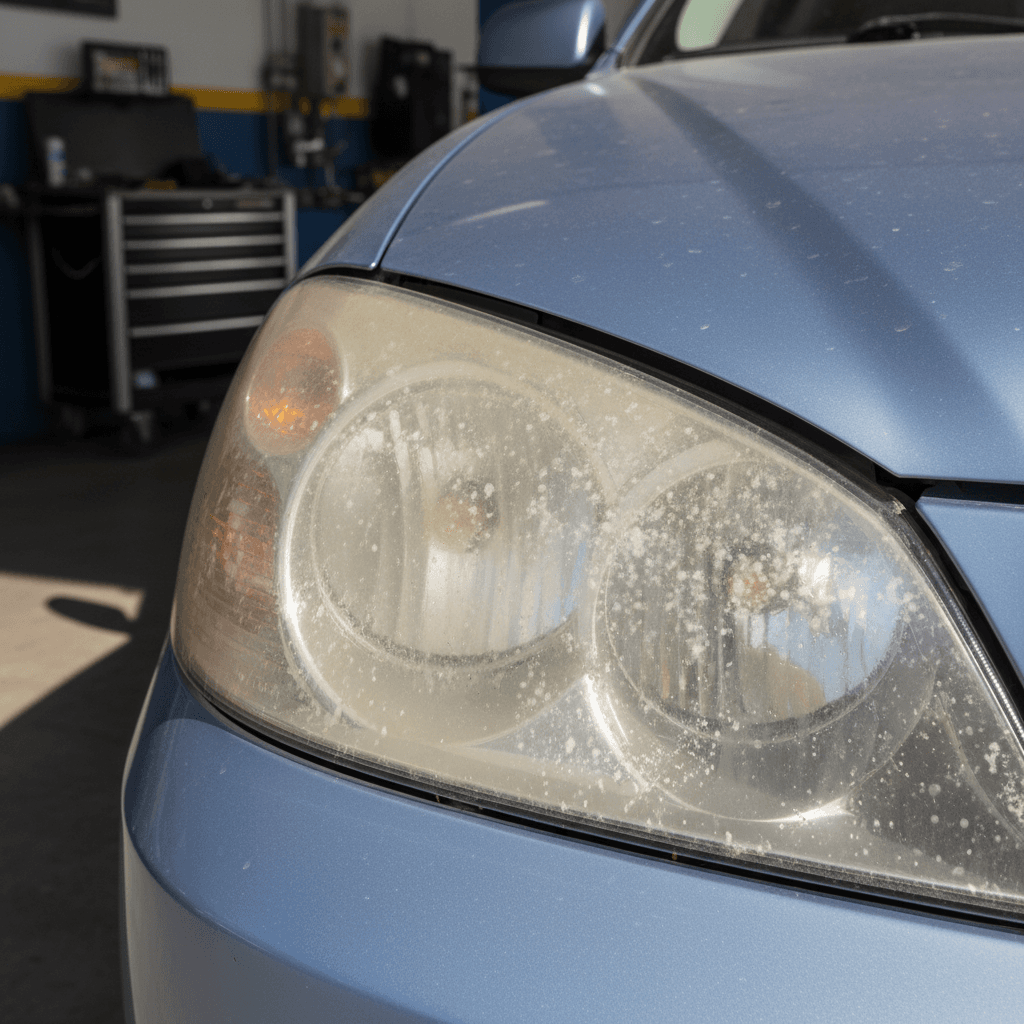 Cloudy oxidized headlight before rejuvenation