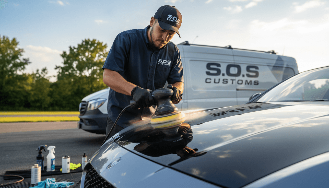 S.O.S Customs technician polishing a vehicle's hood with precision