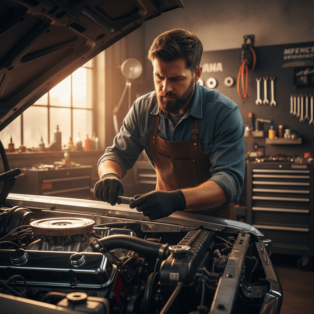Expert automotive technician performing detailed repair work
