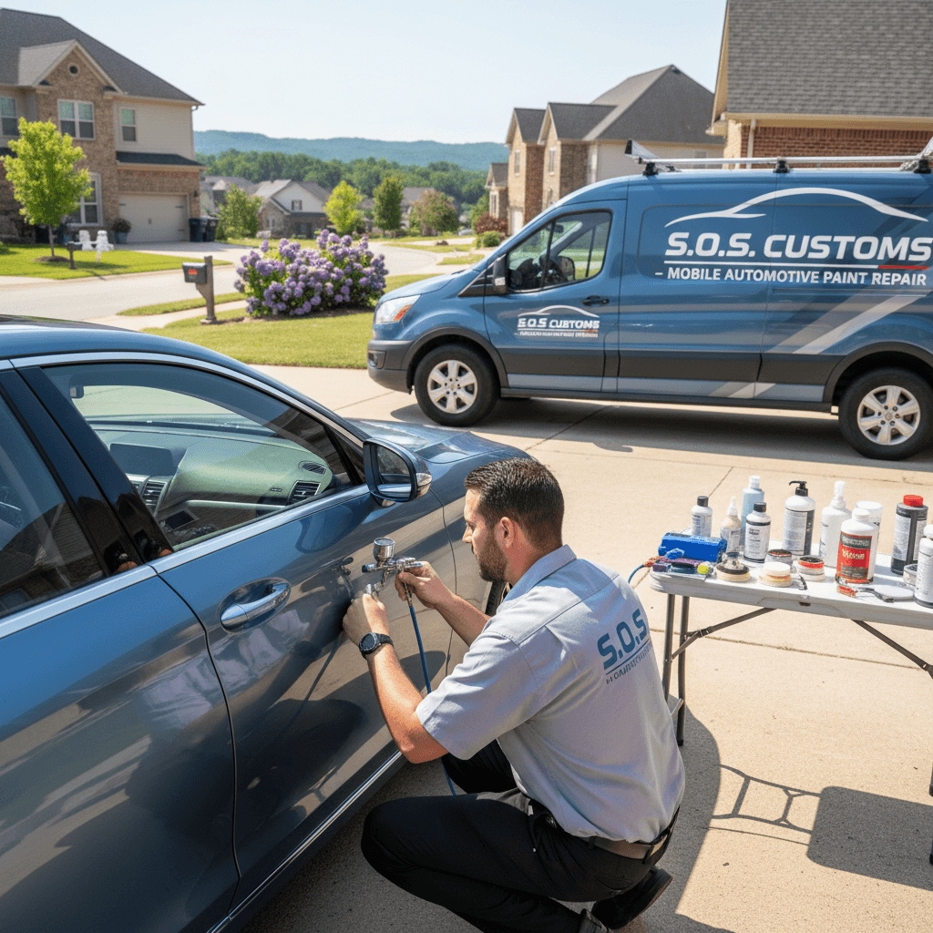 Technician performing mobile automotive paint repair in a Nashville neighborhood