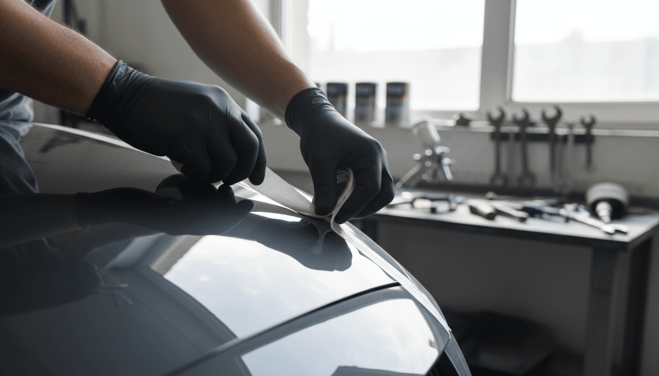 S.O.S Customs technician carefully preparing a vehicle panel for paint repair with precision masking tape