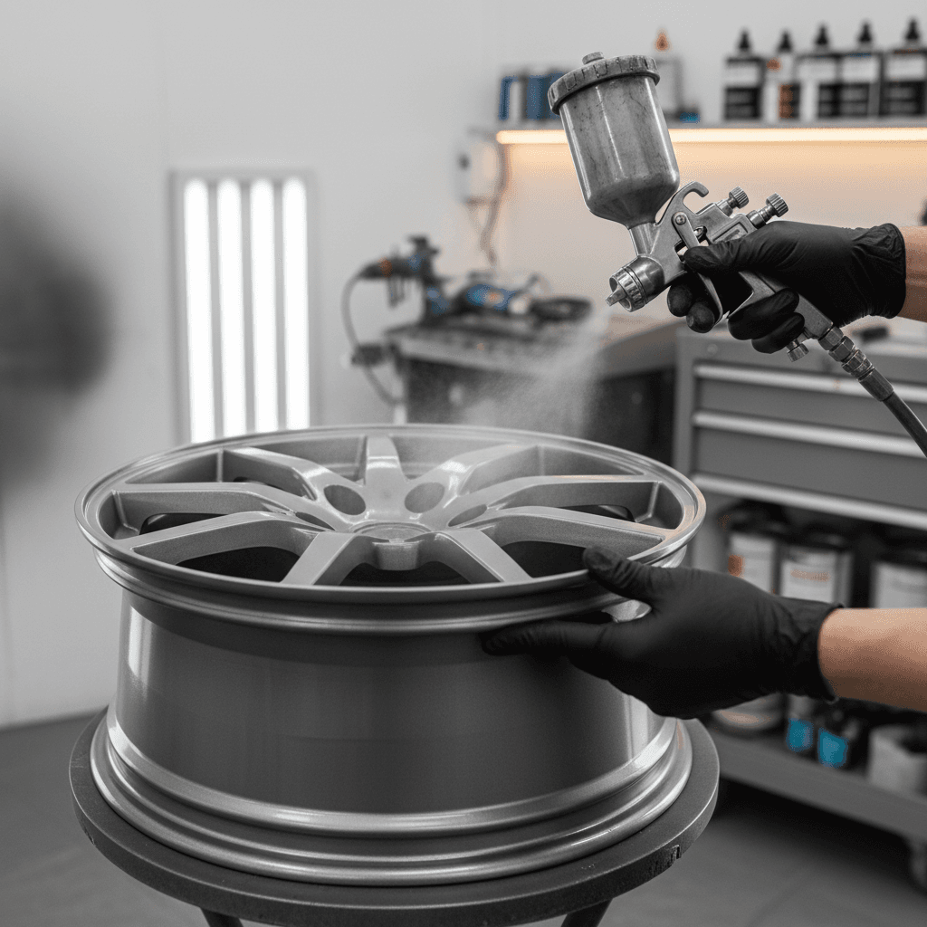 Technician in gloves spraying metallic paint onto aluminum wheel on refinishing stand in professional garage